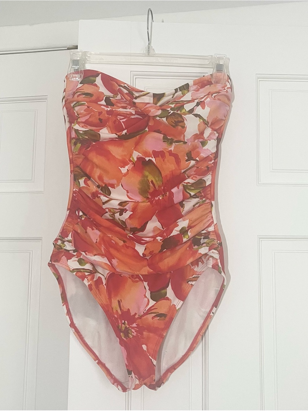 Red Floral Strapless One-Piece Swimsuit